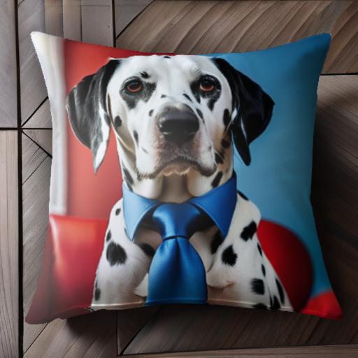 青いネクタイ ダルメシアン 赤い椅子 黄色の背景 クッションカバー 45×45cm アニマル柄 おしゃれ 可愛い クッション本体付き 正方形 犬ファン