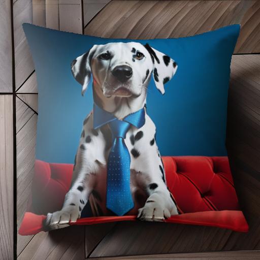 青いネクタイ ダルメシアン 赤いソファ ブルーの背景 クッションカバー 45×45cm アニマル柄 おしゃれ 可愛い クッション本体付き 正方形 犬ファン