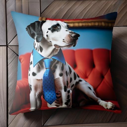赤いソファー ダルメシアン 青いネクタイ 青いシャツ 絵画 クッションカバー 45×45cm アニマル柄 おしゃれ 可愛い クッション本体付き 正方形 犬ファン