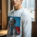 長袖Tシャツ 人間用 メンズ 秋春夏 プリント レジャー アウトドア カジュアル かわいい 犬ファン 青いネクタイ ダルメシアン 赤いソファ 青い背景