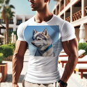 Tシャツ メンズ キッズ 犬ファン 半袖 春夏 犬柄 プリント カジュアル かわいい 人間用 フィットネス ダンス 青い首輪 シベリアンハスキー 青空 屋外