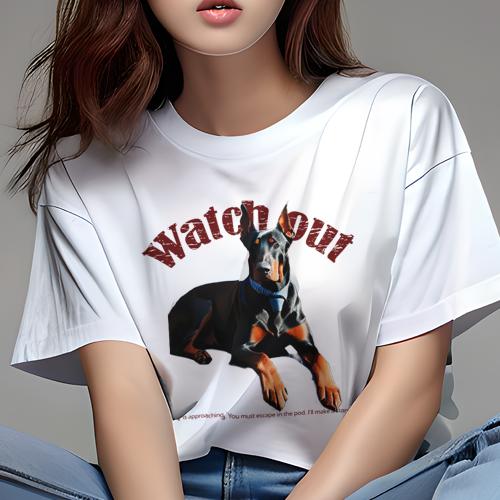 Tシャツ レディース 犬ファン 半袖 春夏 犬柄 プリント カジュアル かわいい 人間用 フィットネス ダンス 警告 ドーベルマン 見張り 番犬 忠誠 防御