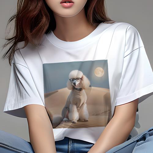 Tシャツ レディース 犬ファン 半袖 春夏 犬柄 プリント カジュアル かわいい 人間用 フィットネス ダンス 眼鏡 プードル 砂漠 満月