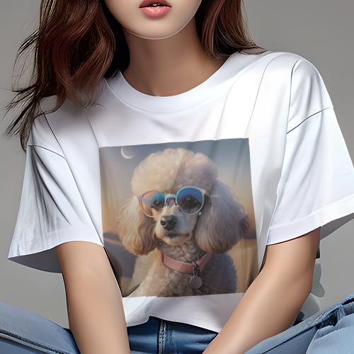 Tシャツ レディース 犬ファン 半袖 春夏 犬柄 プリント カジュアル かわいい 人間用 フィットネス ダンス サングラス プードル 砂丘 日没 Tシャツ レディース 犬ファン 半袖 春夏 犬柄 プリント カジュアル かわいい 人間用 フィットネス ダンス サングラス プードル 砂丘 日没