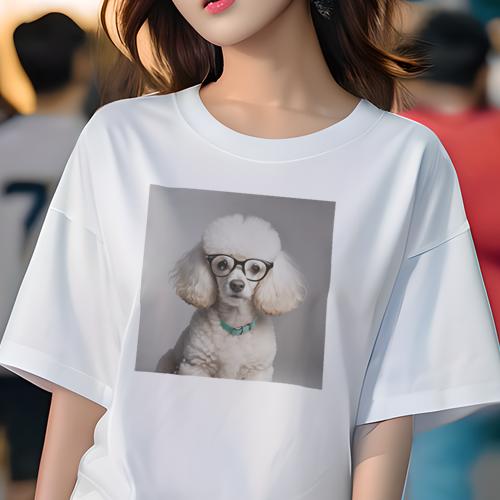 Tシャツ レディース 犬ファン 半袖 春夏 犬柄 プリント カジュアル かわいい 人間用 フィットネス ダンス メガネ プードル 首輪 白い毛