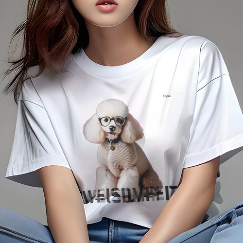 Tシャツ レディース 犬ファン 半袖 春夏 犬柄 プリント カジュアル かわいい 人間用 フィットネス ダンス メガネ プードル(4)
