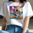 Tシャツ レディース 犬ファン 半袖 春夏 犬柄 プリント カジュアル かわいい 人間用 フィットネス ダンス サーフィン コーギー メガネ 日没 波 ビーチ(4)