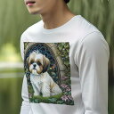 長袖Tシャツ 人間用 メンズ 秋春夏 プリント レジャー アウトドア カジュアル かわいい 犬ファン 花 シーズー アーチ 草 蔦