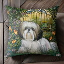 庭園 シーズー 花 緑 ゲート クッションカバー 45×45cm アニマル柄 おしゃれ 可愛い クッション本体付き 正方形 犬ファン
