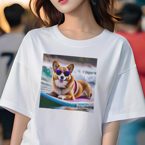 Tシャツ レディース 犬ファン 半袖 春夏 犬柄 プリント カジュアル かわいい 人間用 フィットネス ダンス サングラス コーギー サーフボード 海 波 Tシャツ レディース 犬ファン 半袖 春夏 犬柄 プリント カジュアル かわいい 人間用 フィットネス ダンス サングラス コーギー サーフボード 海 波