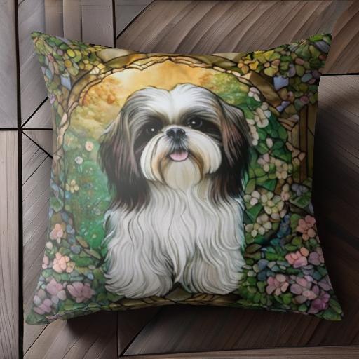 ステンドグラス シーズー 花 自然 クッションカバー 45×45cm アニマル柄 おしゃれ 可愛い クッション本体付き 正方形 犬ファン