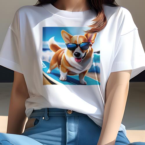 Tシャツ レディース 犬ファン 半袖 春夏 犬柄 プリント カジュアル かわいい 人間用 フィットネス ダンス サングラス コーギー サーフボード ビーチ 波 太陽 Tシャツ レディース 犬ファン 半袖 春夏 犬柄 プリント カジュアル かわいい 人間用 フィットネス ダンス サングラス コーギー サーフボード ビーチ 波 太陽