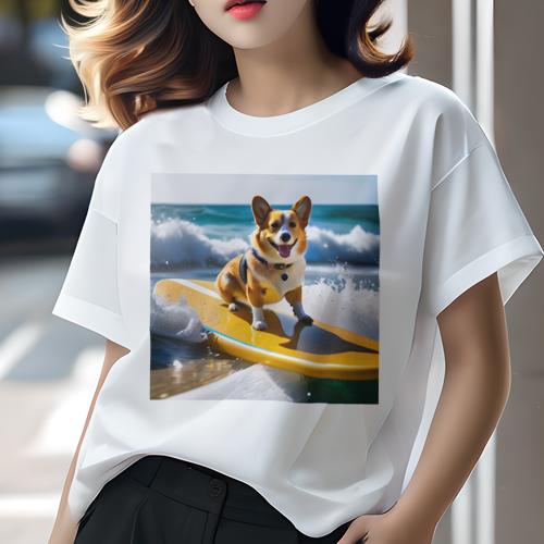 Tシャツ レディース 犬ファン 半袖 春夏 犬柄 プリント カジュアル かわいい 人間用 フィットネス ダンス サーフィン ウェルシュコーギー 海 波 サーフボード ビーチ