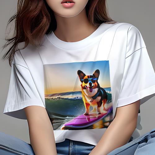 Tシャツ レディース 犬ファン 半袖 春夏 犬柄 プリント カジュアル かわいい 人間用 フィットネス ダンス サーフボード ウェルシュコーギー サングラス Tシャツ レディース 犬ファン 半袖 春夏 犬柄 プリント カジュアル かわいい 人間用 フィットネス ダンス サーフボード ウェルシュコーギー サングラス