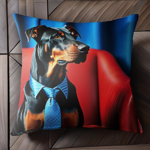 赤いソファ ドーベルマン 青いネクタイ 青いカーテン クッションカバー 45×45cm アニマル柄 おしゃれ 可愛い クッション本体付き 正方形 犬ファン