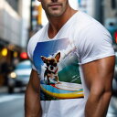 Tシャツ メンズ キッズ 犬ファン 半袖 春夏 犬柄 プリント カジュアル かわいい 人間用 フィットネス ダンス サーフィン チワワ 波 緑の波 青空 犬のライフジャケット