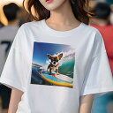 Tシャツ レディース 犬ファン 半袖 春夏 犬柄 プリント カジュアル かわいい 人間用 フィットネス ダンス サーフィン チワワ 波 緑の波 青空 犬のライフジャケット