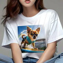 Tシャツ レディース 犬ファン 半袖 春夏 犬柄 プリント カジュアル かわいい 人間用 フィットネス ダンス サーフィン チワワ ライフジャケット 海 波 夏