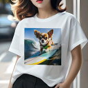 Tシャツ レディース 犬ファン 半袖 春夏 犬柄 プリント カジュアル かわいい 人間用 フィットネス ダンス サーフボード チワワ 波 海 サーフィン(4)
