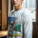 長袖Tシャツ 人間用 メンズ 秋春夏 プリント レジャー アウトドア カジュアル かわいい 犬ファン サーフィン チワワ 波 緑の波 青空 犬のライフジャケット