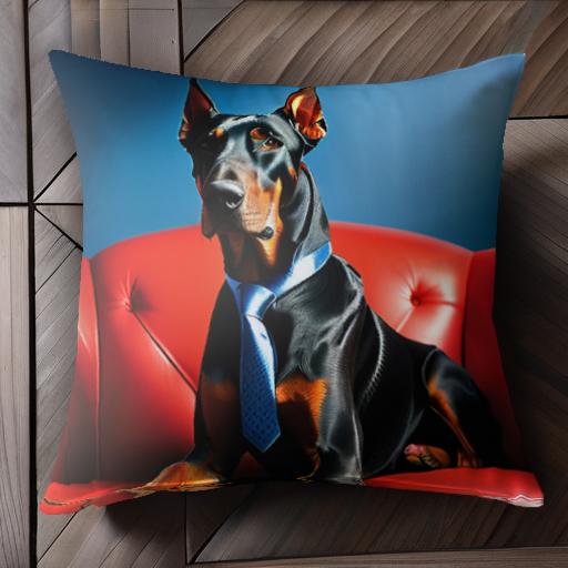赤いソファ ドーベルマン ネクタイ 青い背景 クッションカバー 45×45cm アニマル柄 おしゃれ 可愛い ク..