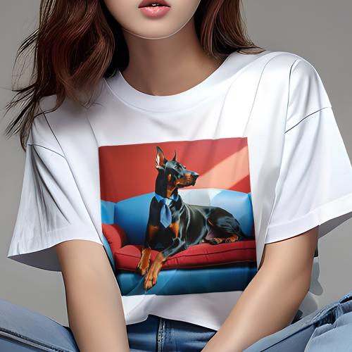 Tシャツ レディース 犬ファン 半袖 春夏 犬柄 プリント カジュアル かわいい 人間用 フィットネス ダンス ソファ ドーベルマン ネクタイ 室内 赤 青 Tシャツ レディース 犬ファン 半袖 春夏 犬柄 プリント カジュアル かわいい 人間用 フィットネス ダンス ソファ ドーベルマン ネクタイ 室内 赤 青