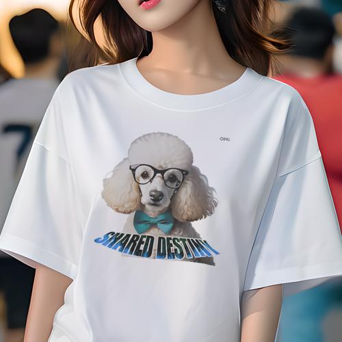 Tシャツ レディース 犬ファン 半袖 春夏 犬柄 プリント カジュアル かわいい 人間用 フィットネス ダンス 眼鏡 プードル 蝶ネクタイ 文字(4)