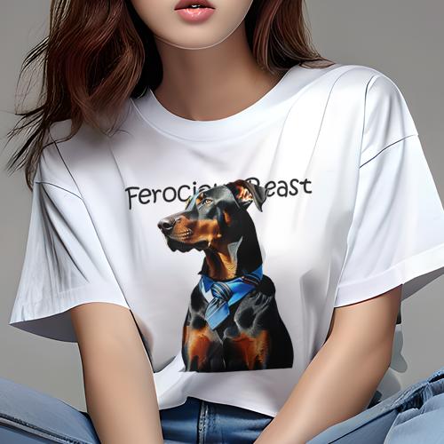 Tシャツ レディース 犬ファン 半袖 春夏 犬柄 プリント カジュアル かわいい 人間用 フィットネス ダンス ネクタイ ドーベルマン(4)