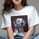 Tシャツ レディース 犬ファン 半袖 春夏 犬柄 プリント カジュアル かわいい 人間用 フィットネス ダンス 赤背景 ダルメシアン 犬 スポット模様(4)