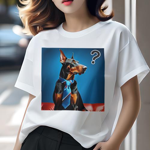 Tシャツ レディース 犬ファン 半袖 春夏 犬柄 プリント カジュアル かわいい 人間用 フィットネス ダンス ネクタイ ドーベルマン ソファ 青い背景 はてなマーク Tシャツ レディース 犬ファン 半袖 春夏 犬柄 プリント カジュアル かわいい 人間用 フィットネス ダンス ネクタイ ドーベルマン ソファ 青い背景 はてなマーク