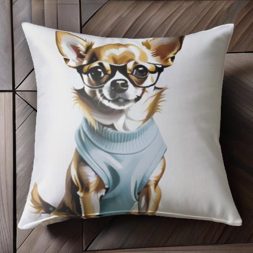 眼鏡 チワワ 青いセーター クッションカバー 45×45cm アニマル柄 おしゃれ 可愛い クッション本体付き ..