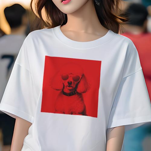 Tシャツ レディース 犬ファン 半袖 春夏 犬柄 プリント カジュアル かわいい 人間用 フィットネス ダンス サングラス プードル 赤 犬(4)