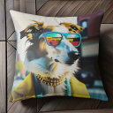 サングラス ボーダーコリー 黄色いコート 街並み クッションカバー 45×45cm アニマル柄 おしゃれ 可愛い クッション本体付き 正方形 犬ファン