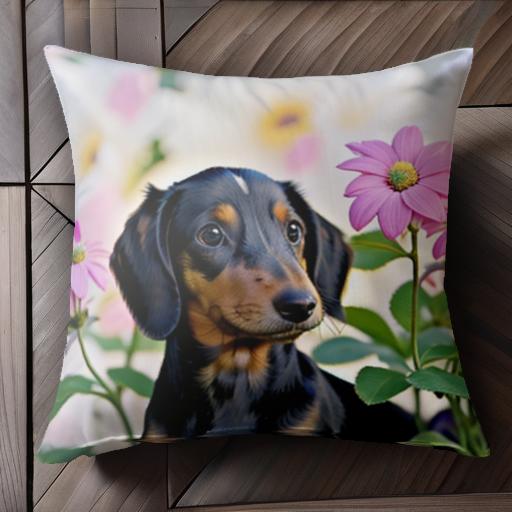 花 ダックスフンド ピンクの花 白い花 植物 クッションカバー 45×45cm アニマル柄 おしゃれ 可愛い ク..