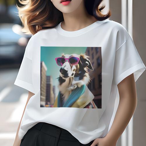Tシャツ レディース 犬ファン 半袖 春夏 犬柄 プリント カジュアル かわいい 人間用 フィットネス ダンス サングラス ボルゾイ ビル 街 青空 Tシャツ レディース 犬ファン 半袖 春夏 犬柄 プリント カジュアル かわいい 人間用 フィットネス ダンス サングラス ボルゾイ ビル 街 青空