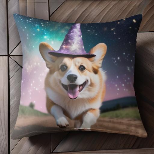 夜空 ウェルシュコーギーペンブローク 星 ウィザードハット 魔法 走る犬 クッションカバー 45×45cm アニマル柄 おしゃれ 可愛い クッション本体付き 正方形 犬ファン