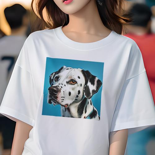 Tシャツ レディース 犬ファン 半袖 春夏 犬柄 プリント カジュアル かわいい 人間用 フィットネス ダンス 青い背景 ダルメシアン 可愛い犬 アート風