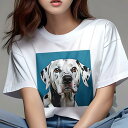 Tシャツ レディース 犬ファン 半袖 春夏 犬柄 プリント カジュアル かわいい 人間用 フィットネス ダンス 青い背景 ダルメシアン 犬の肖像(4)