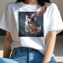 Tシャツ レディース 犬ファン 半袖 春夏 犬柄 プリント カジュアル かわいい 人間用 フィットネス ダンス 魔法の帽子 ウェルシュコーギーペンブローク 空 星 ファンタジー(4)