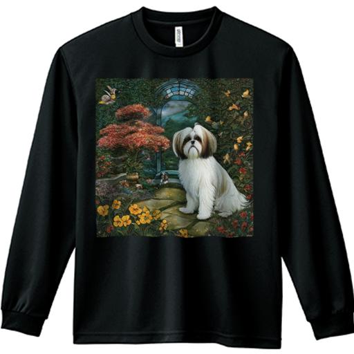 長袖Tシャツ 人間用 メンズ 秋春夏 プリント レジャー アウトドア カジュアル かわいい 犬ファン 庭 シーズー 花 アーチ 蝶 木