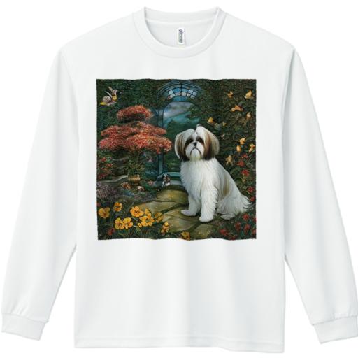 長袖Tシャツ 人間用 メンズ 秋春夏 プリント レジャー アウトドア カジュアル かわいい 犬ファン 庭 シーズー 花 アーチ 蝶 木