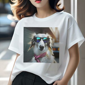 Tシャツ レディース 犬ファン 半袖 春夏 犬柄 プリント カジュアル かわいい 人間用 フィットネス ダンス サングラス サルーキ 紫のネクタイ 自動車 都市の背景