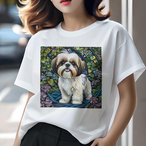 Tシャツ レディース 犬ファン 半袖 春夏 犬柄 プリント カジュアル かわいい 人間用 フィットネス ダンス 花 シーズー 自然 植物