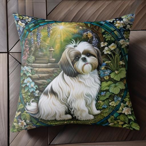 花 シーズー 庭 階段 光 クッションカバー 45×45cm アニマル柄 おしゃれ 可愛い クッション本体付き 正..