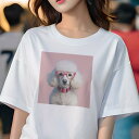 Tシャツ レディース 犬ファン 半袖 春夏 犬柄 プリント カジュアル かわいい 人間用 フィットネス ダンス メガネ プードル ピンクの背景(4)