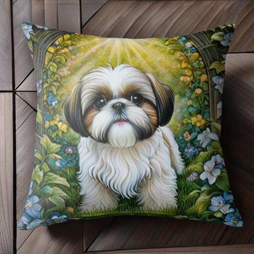 花 シーズー アーチ 光 自然 クッションカバー 45×45cm アニマル柄 おしゃれ 可愛い クッション本体付..