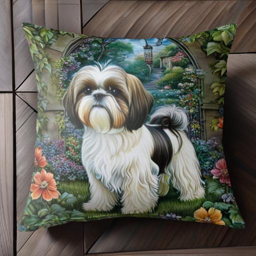 庭 シーズー 花 アーチ クッションカバー 45×45cm アニマル柄 おしゃれ 可愛い クッション本体付き 正方形 犬ファン