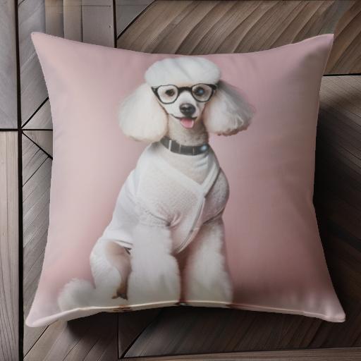 眼鏡 プードル 白いセーター ピンクの背景 クッションカバー 45×45cm アニマル柄 おしゃれ 可愛い クッ..