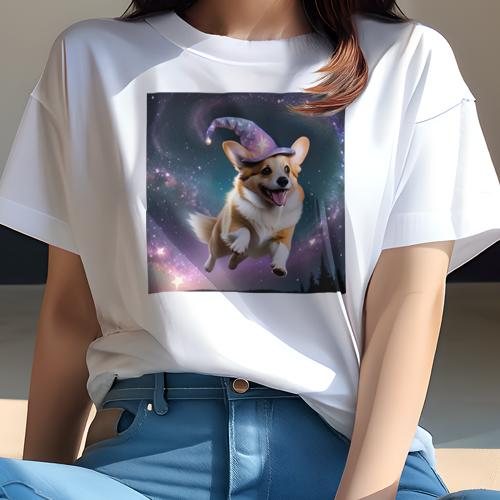 Tシャツ レディース 犬ファン 半袖 春夏 犬柄 プリント カジュアル かわいい 人間用 フィットネス ダンス 魔法使いの帽子 コーギー 星 宇宙 空想 Tシャツ レディース 犬ファン 半袖 春夏 犬柄 プリント カジュアル かわいい 人間用 フィットネス ダンス 魔法使いの帽子 コーギー 星 宇宙 空想