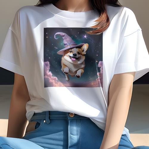 Tシャツ レディース 犬ファン 半袖 春夏 犬柄 プリント カジュアル かわいい 人間用 フィットネス ダンス 魔法の帽子 コーギー 宇宙 星 雲(4)